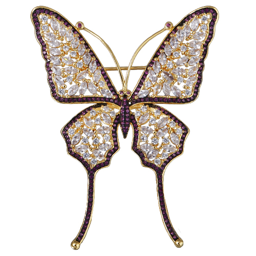 Брошь (фианит белый, фуксия; покрытие золото)