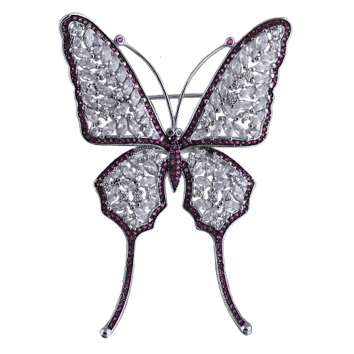 Брошь (фианит белый, фуксия; покрытие родий)