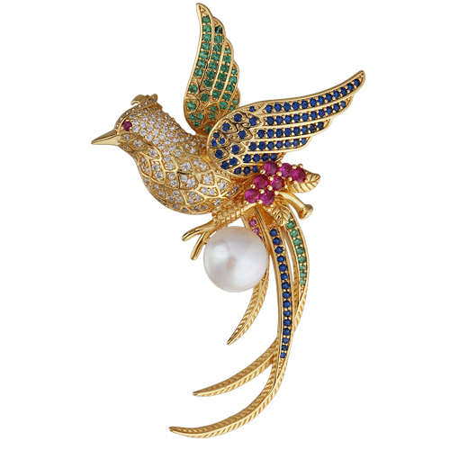 Брошь-кулон Лира (жемчуг белый, фианиты микс; покрытие золото)