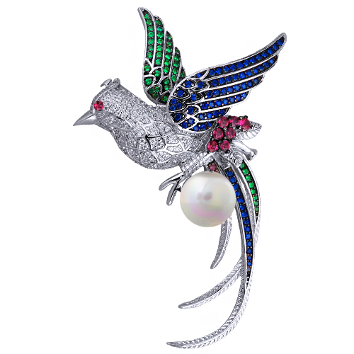 Брошь-кулон Лира (жемчуг белый, фианиты микс; покрытие родий)