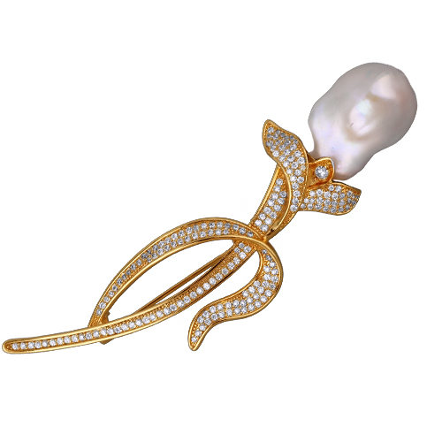 Брошь Барокко (жемчуг белый 16мм, белый фианит; покрытие золото)