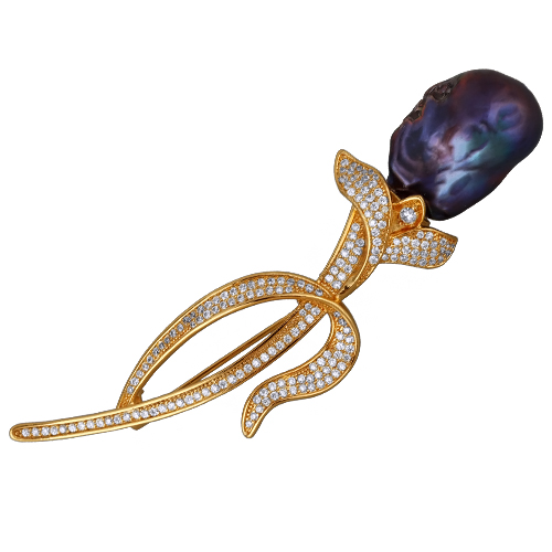 Брошь Барокко (жемчуг бензиновый 16мм, белый фианит; покрытие золото)