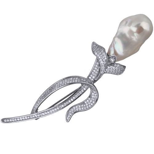 Брошь Барокко (жемчуг белый 16мм, белый фианит; покрытие родий)