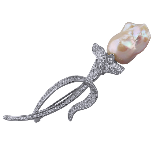 Брошь Барокко (жемчуг лососевый 16мм, белый фианит; покрытие родий)