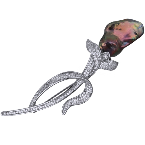 Брошь Барокко (жемчуг бензиновый 16мм, белый фианит; покрытие родий)