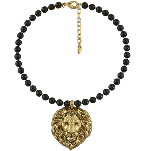 Колье Король лев (черный агат 6мм; покрытие античное золото) 42-47см