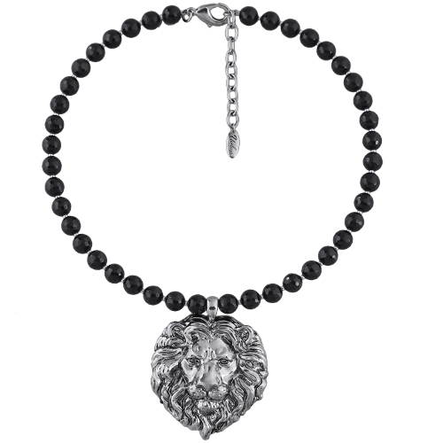 Колье Король лев (черный агат 6мм; покрытие палладий с патиной) 42-47см