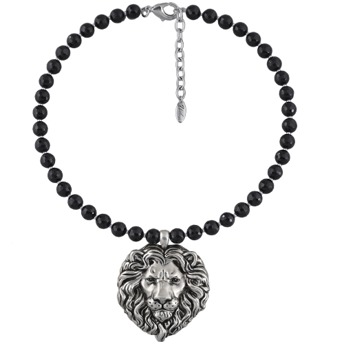 Колье Король лев (черный агат 6мм; покрытие античное серебро) 42-47см