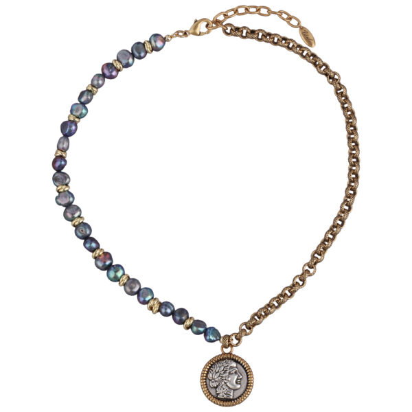 Колье Афродита (жемчуг бензиновый 7-8мм; античное золото, античное серебро) 49см