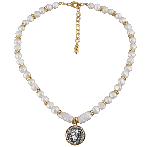 Колье Телец (жемчуг белый; покрытие античное золото, античное серебро) 49см