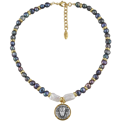 Колье Телец (жемчуг бензин; покрытие античное золото, античное серебро) 49см