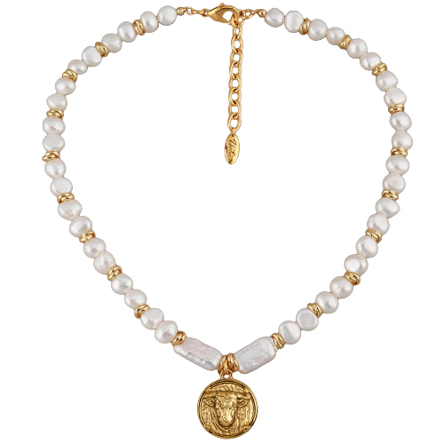 Колье Телец (жемчуг белый 6мм; покрытие античное золото, золото) 49см