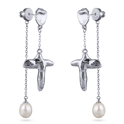 Серьги Коралл (жемчуг белый 8мм; покрытие родий)