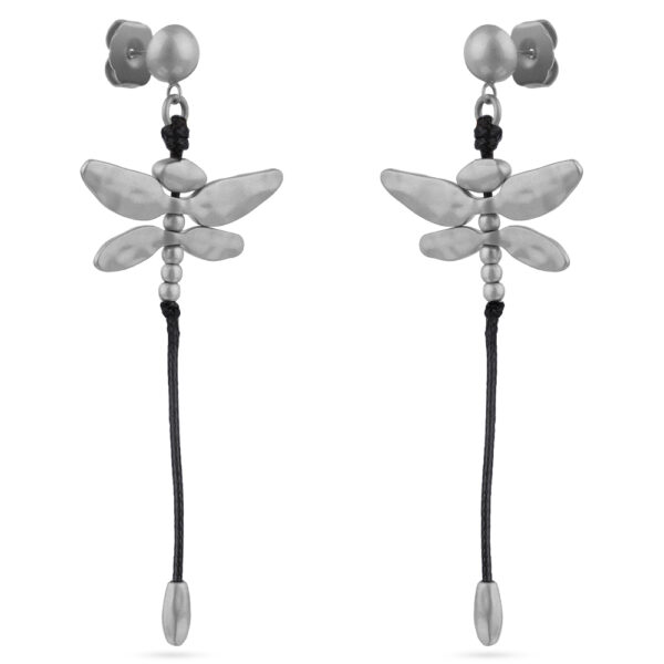 Серьги Стрекоза (текстиль черный; покрытие матовый родий)