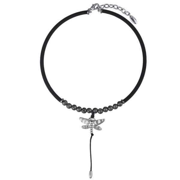 Колье Стрекоза (каучук черный, лава черная; матовый родий 40-45см)
