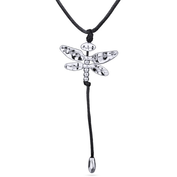 Кулон Стрекоза (текстиль черный; покрытие родий 80см)