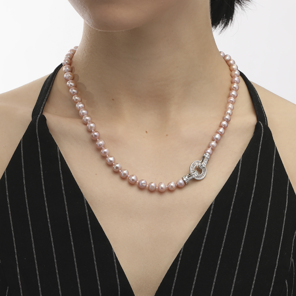 Колье (жемчуг сиреневый 7-8мм, фианит; покрытие родий) 45см — изображение 2