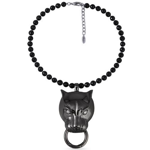 Колье пантера 47см (кристаллы SW, агат черный 8мм; покрытие черный родий) - купить в Uvelina