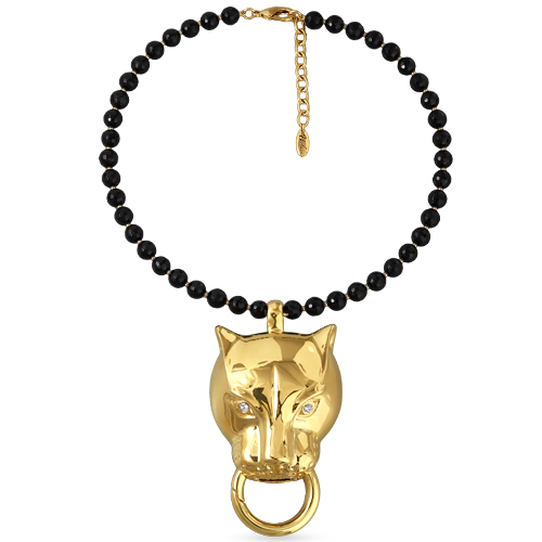 Колье пантера (кристаллы SW, агат черный 8мм; покрытие золото) 42-47см