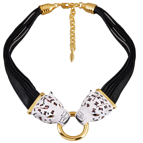 Колье леопард (эмаль матовая белая, кристаллы SW черные; покрытие золото)