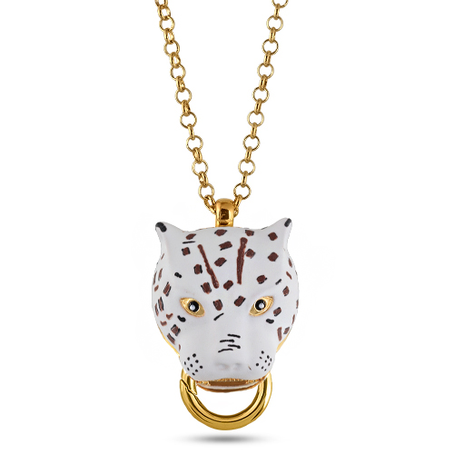 Кулон леопард (эмаль матовая белая, кристаллы SW черные; золото) 80см