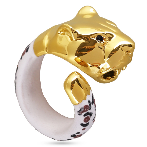 Кольцо леопард (эмаль матовая белая, кристаллы SW черные; покрытие золото) - купить в Uvelina