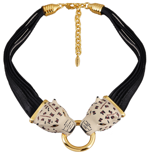 Колье леопард (эмаль матовая бежевая, кристаллы SW черные; покрытие золото)