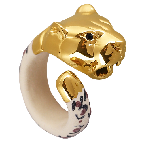 Кольцо леопард (эмаль матовая бежавая, кристаллы SW черные; покрытие золото)