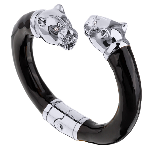 Браслет пантера (эмаль черная, кристаллы SW белые; покрытие родий)