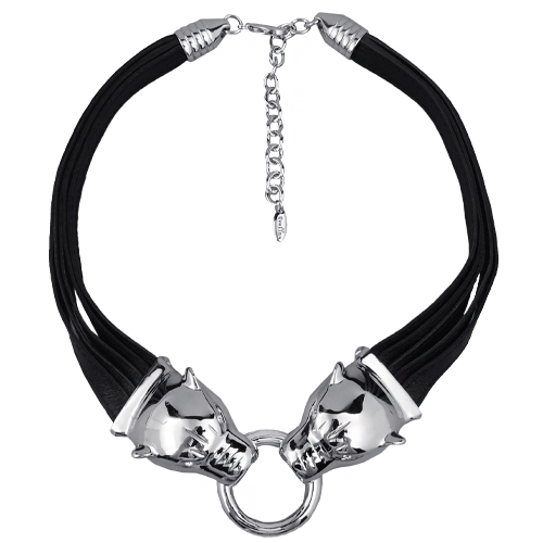 Колье пантера (кристаллы SW белые; натуральная кожа; покрытие родий)