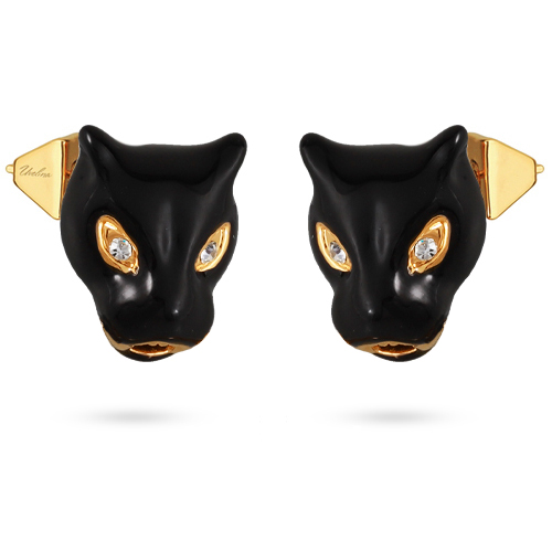 Серьги пантера (эмаль черная, кристаллы SW белые; покрытие золото)