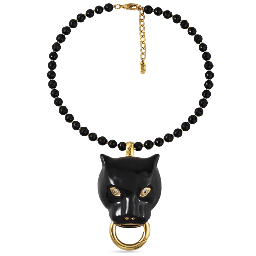 Колье пантера (эмаль черная, кристаллы SW, агат; покрытие золото) 47см