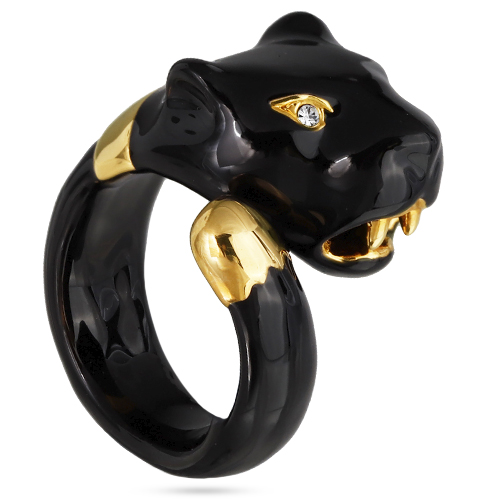 Кольцо пантера (эмаль черная, кристаллы SW белые; покрытие золото)