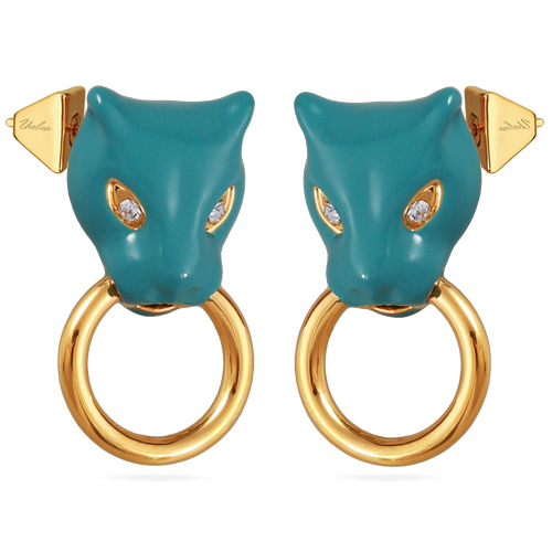 Серьги пантера (эмаль изумрудная, кристаллы SW белые; покрытие золото)