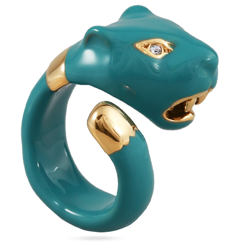 Кольцо пантера (эмаль изумрудная, кристаллы SW белые; покрытие золото)