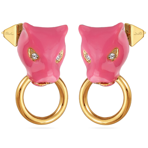Серьги пантера (эмаль фуксия; кристаллы SW белые; покрытие золото)