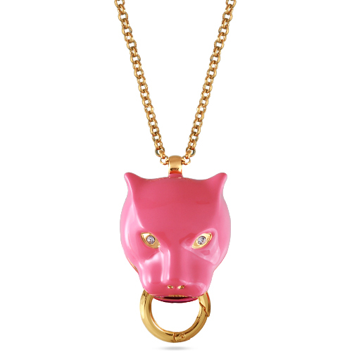 Кулон пантера (эмаль фуксия, кристаллы SW белые; покрытие золото) 80см