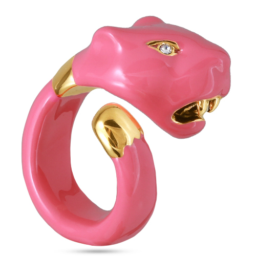 Кольцо пантера (эмаль фуксия, кристаллы SW белые; покрытие золото)