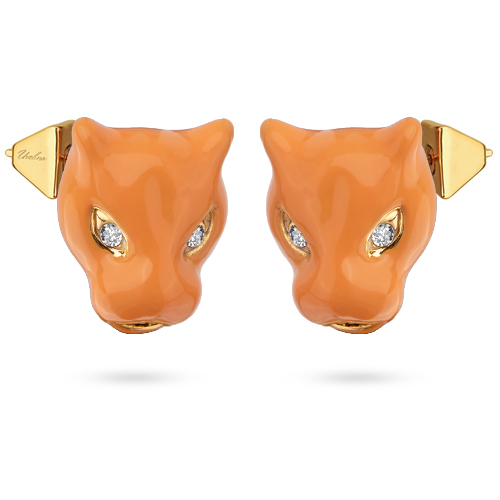 Серьги пантера (эмаль оранжевая, кристаллы SW белые; покрытие золото)