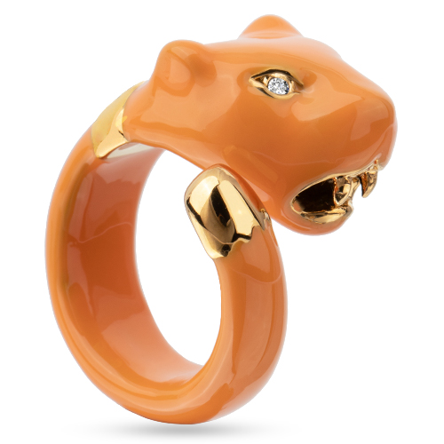 Кольцо пантера (эмаль оранжевая, кристаллы SW белые; покрытие золото)
