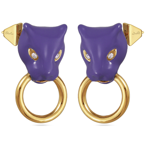 Серьги пантера (эмаль фиолетовая, кристаллы SW белые; покрытие золото)
