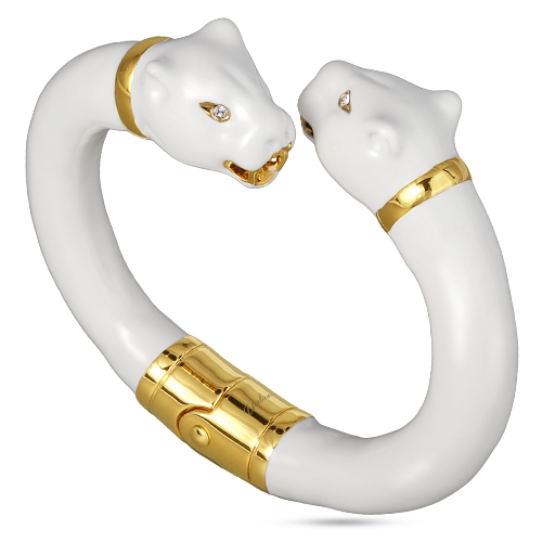 Браслет пантера (эмаль белая, кристаллы SW белые; покрытие золото)