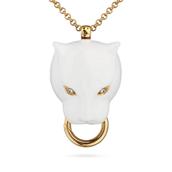 Кулон пантера (эмаль белая, кристаллы SW белые; покрытие золото) 80см