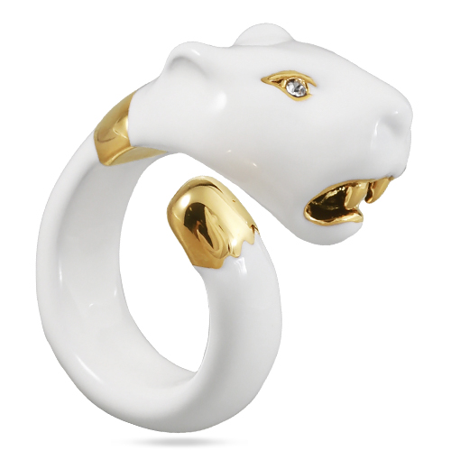 Кольцо пантера (эмаль белая, кристаллы SW белые; покрытие золото)