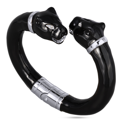 Браслет пантера (эмаль черная, кристаллы SW белые; покрытие родий)