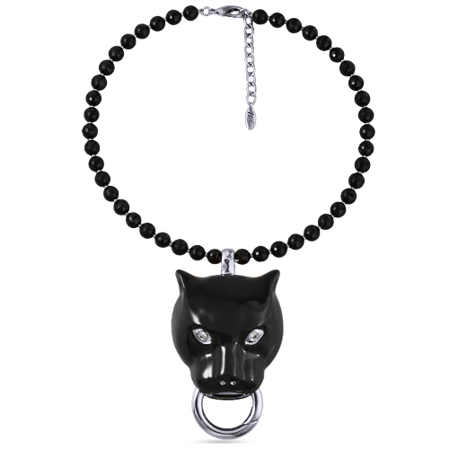Колье пантера (эмаль черная, кристаллы SW, агат; покрытие родий) 47см