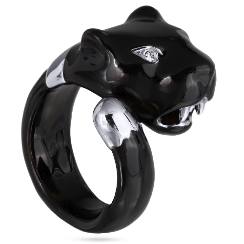 Кольцо пантера (эмаль черная, кристаллы SW белые; покрытие родий)