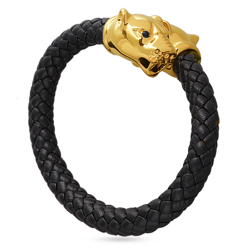 Браслет пантера (кристаллы SW черные, натуральная кожа; покрытие золото)