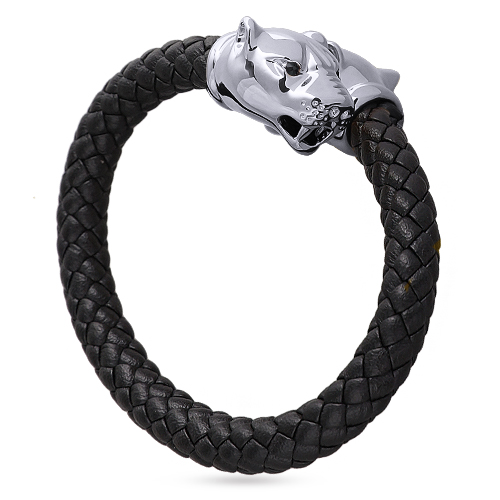 Браслет пантера (кристаллы SW черные, натуральная кожа; покрытие родий)