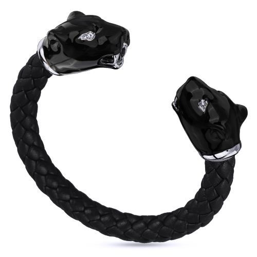 Браслет пантера (эмаль черная, кристаллы SW белые; покрытие родий)